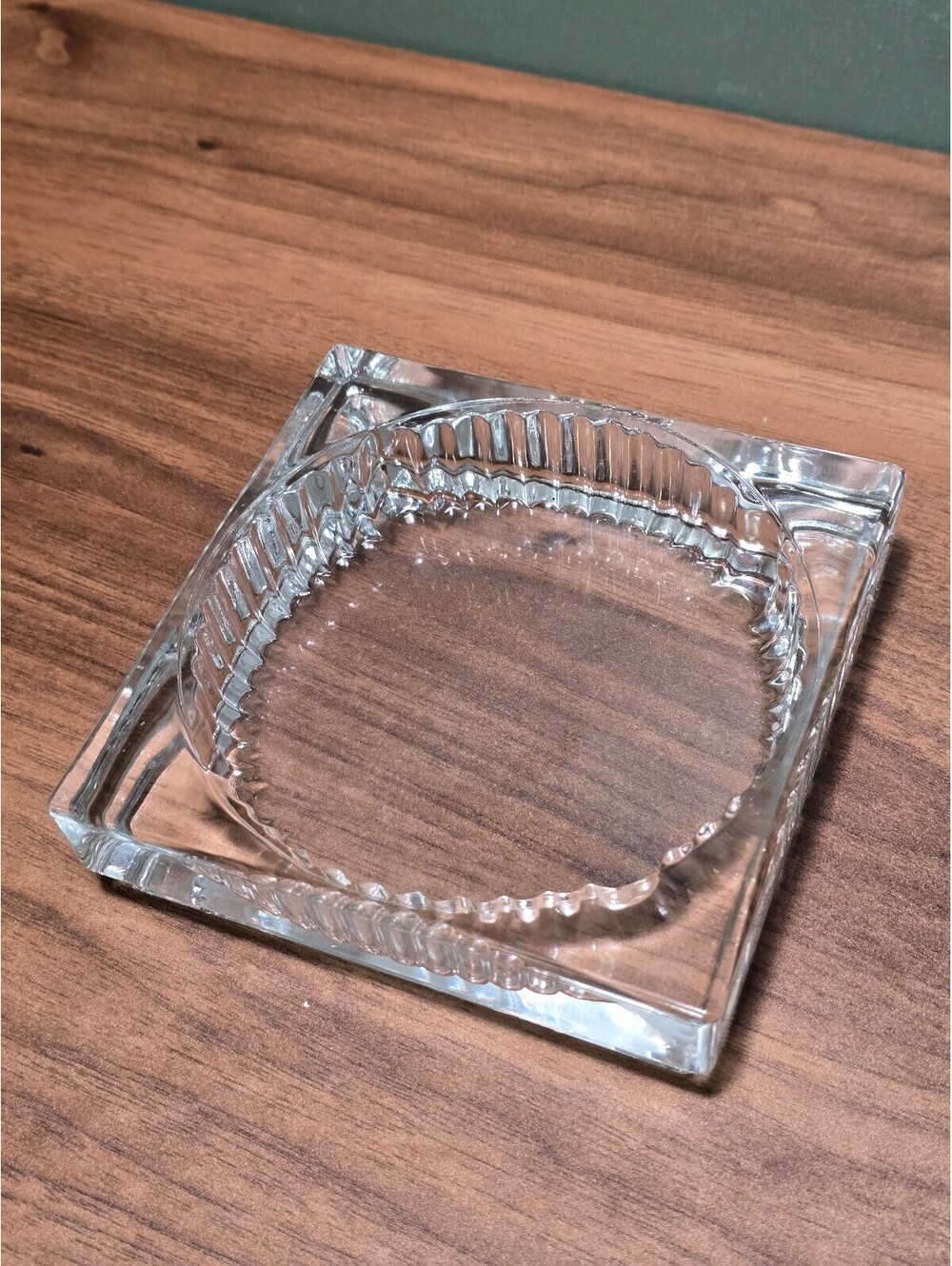 Vintage Clear Glass Square Ashtray Ribbed Heavy Tobaccoriana 5.5 Inch
